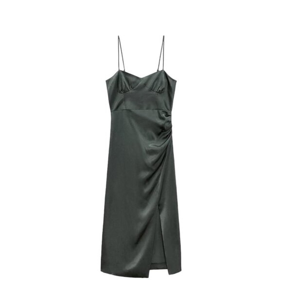 Zara Dresses & Skirts - ZARA SATIN DRESS WITH A SLIT DARK GREEN SIZE S | 4437/076